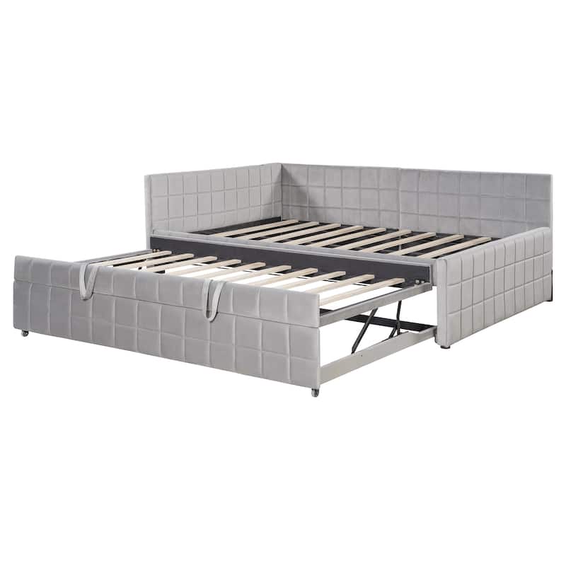 Full Size Daybed with Pull-Out Lift-Up Trundle, Upholstered Daybed Platform Bed with Stripes L-Shaped Backrest and Wood Slats