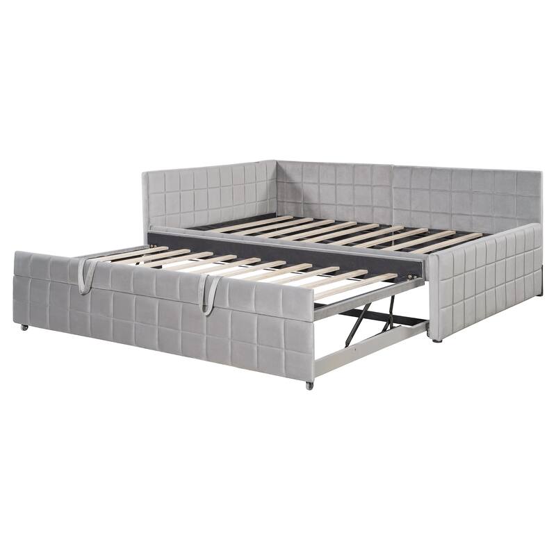 Modern L-Shaped Upholstered Daybed with Twin Pop-Up Trundle & Built-in USB Ports