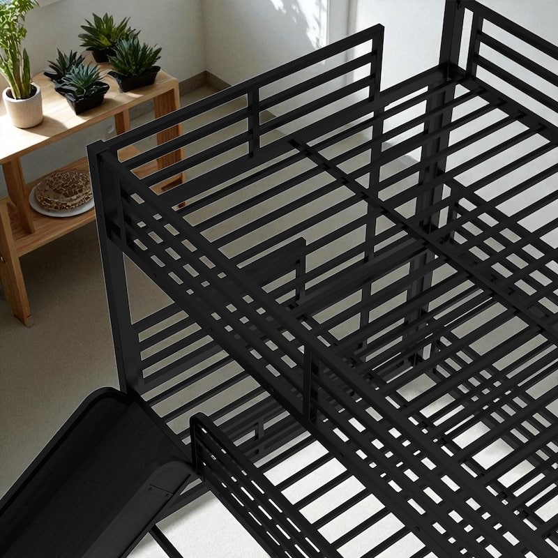 Metal Triple Bunk Bed with Slide, Twin XL/Full/Queen, Safety Guardrails, Quiet Slat Design, Heavy-Duty, Black