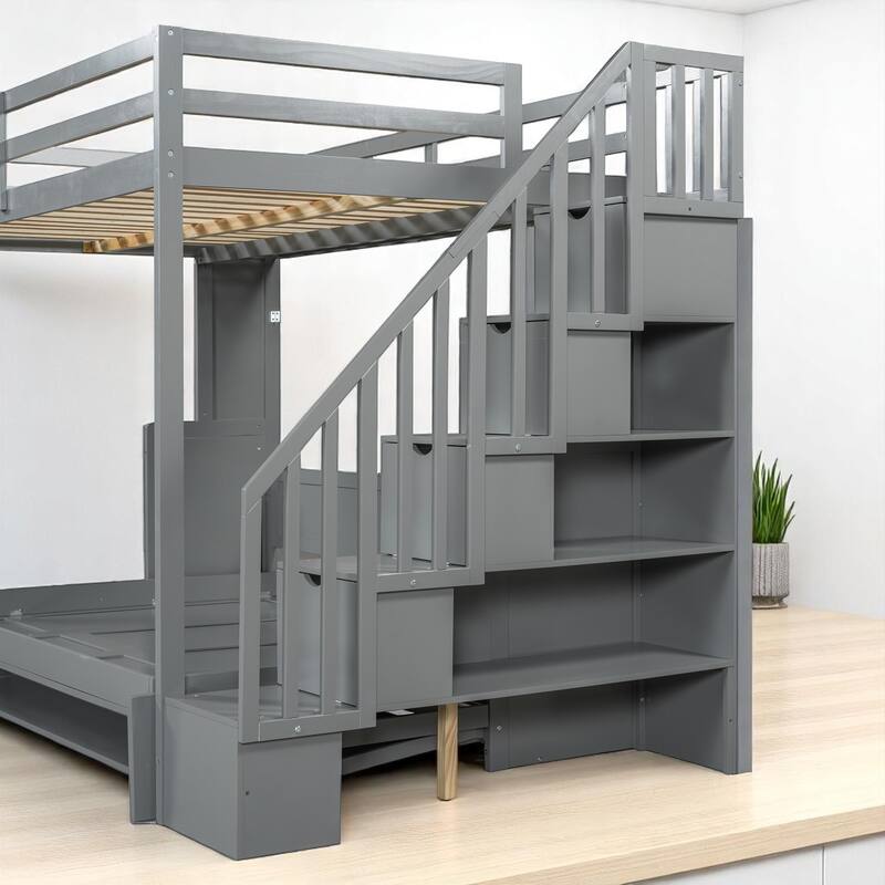 Full Size Wall Murphy Bed with Loft & Bunk Conversion, Hydraulic Lift, Hidden Desk, and Storage Steps