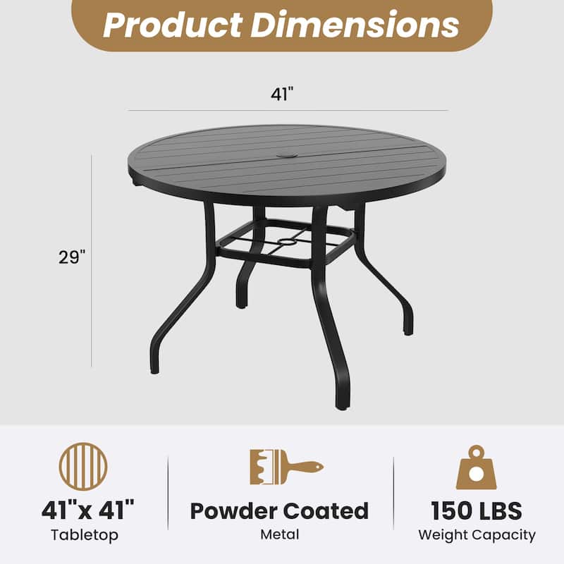 Round Outdoor Dining Table, 41" Round Patio Table Wood-Like Grain with 1.57" Umbrella Hole, Metal Outdoor Dining Tables