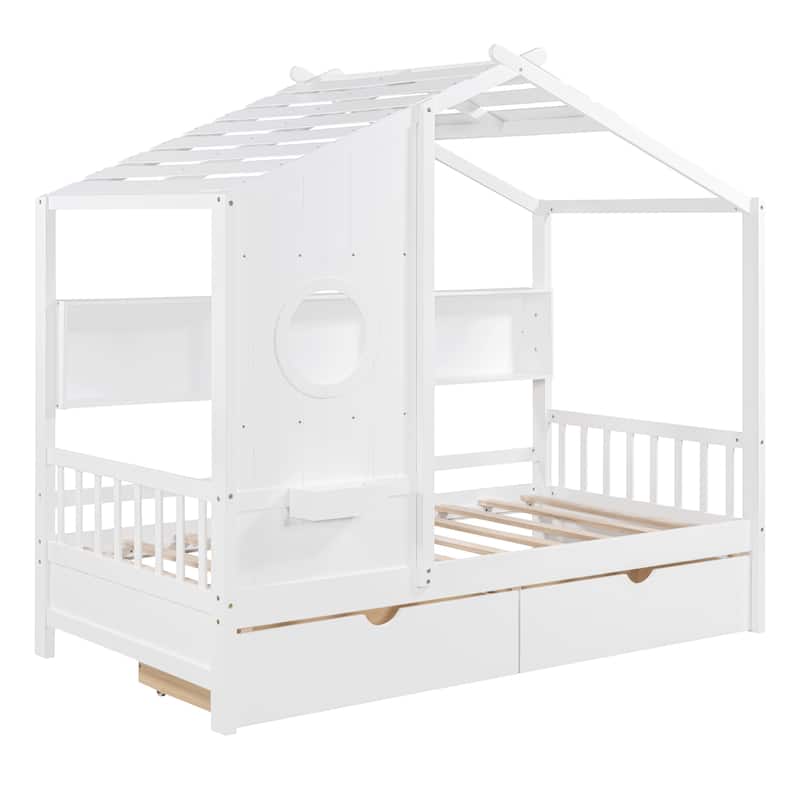 Wooden House Bed for Kids with 2 Drawers and Storage Shelf