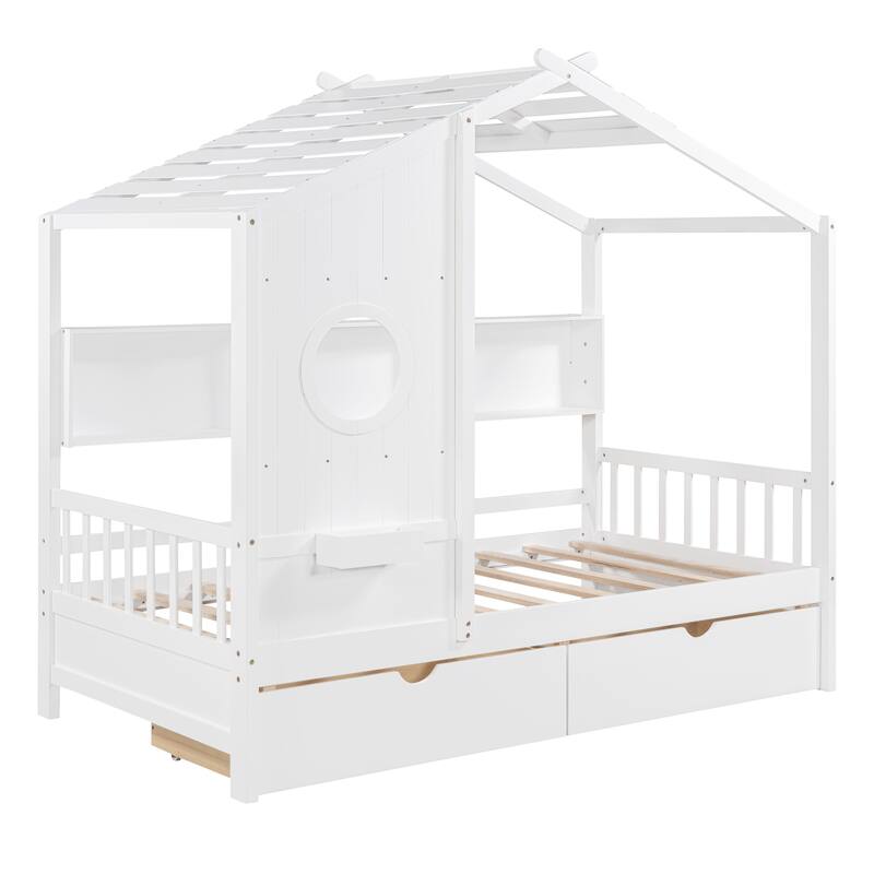 Wooden House Bed with 2 Large Drawers & Built-In Shelves by Harper&Bright Designs