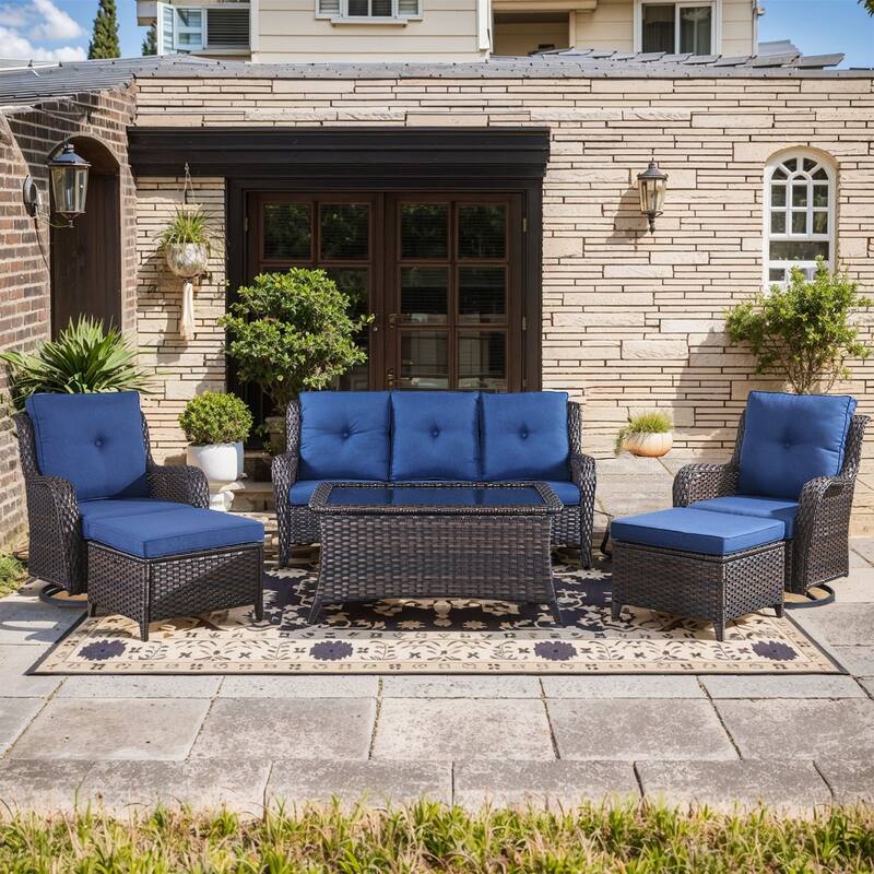 Pocassy Outdoor 4 Inch Sofa Swivel Chairs Table Ottoman - Brown Wicker Blue Cushion - 6 Pieces 3-Seat Sofa Swivel Chair Table Ottoman