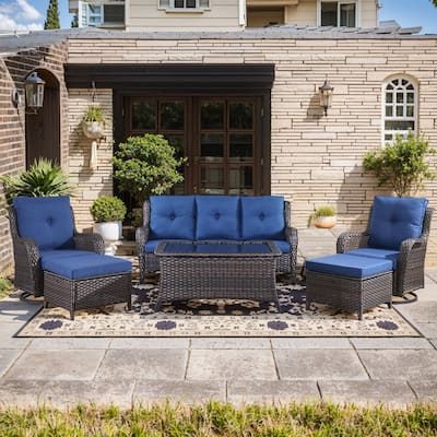 Pocassy Outdoor 6 Pieces 3-Seat Sofa Swivel Chairs Table Ottoman
