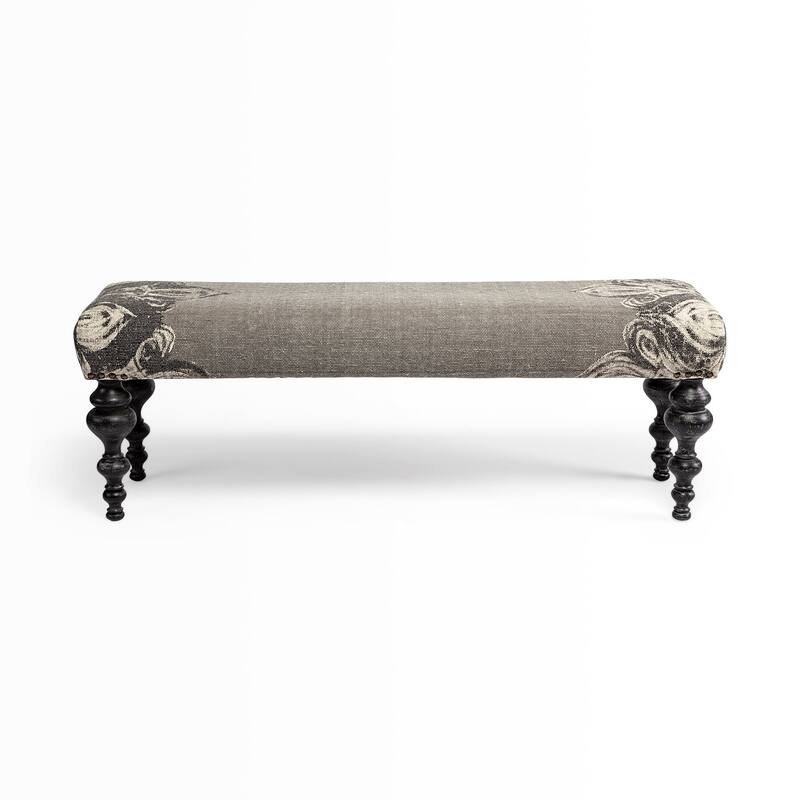 HomeRoots 55" Gray and Black Upholstered Cotton Blend Floral Distressed Bench - 55