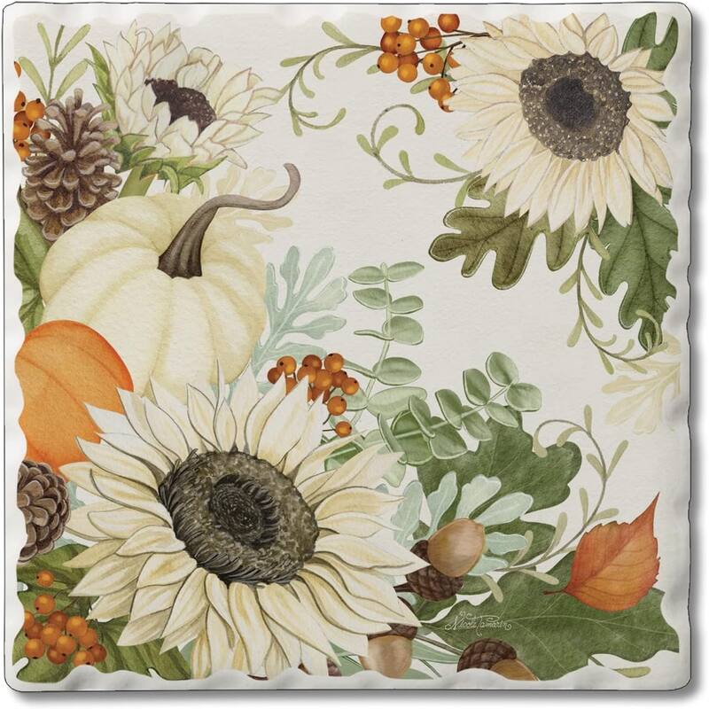 Absorbent Stone Tumbled Tile Coasters, Sunflowers & Pumpkins, Set of 4 - Multi