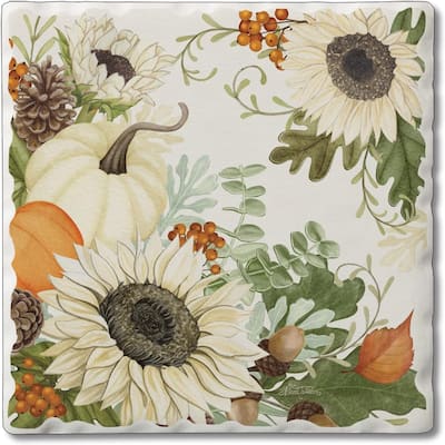 Absorbent Stone Tumbled Tile Coasters, Sunflowers & Pumpkins, Set of 4