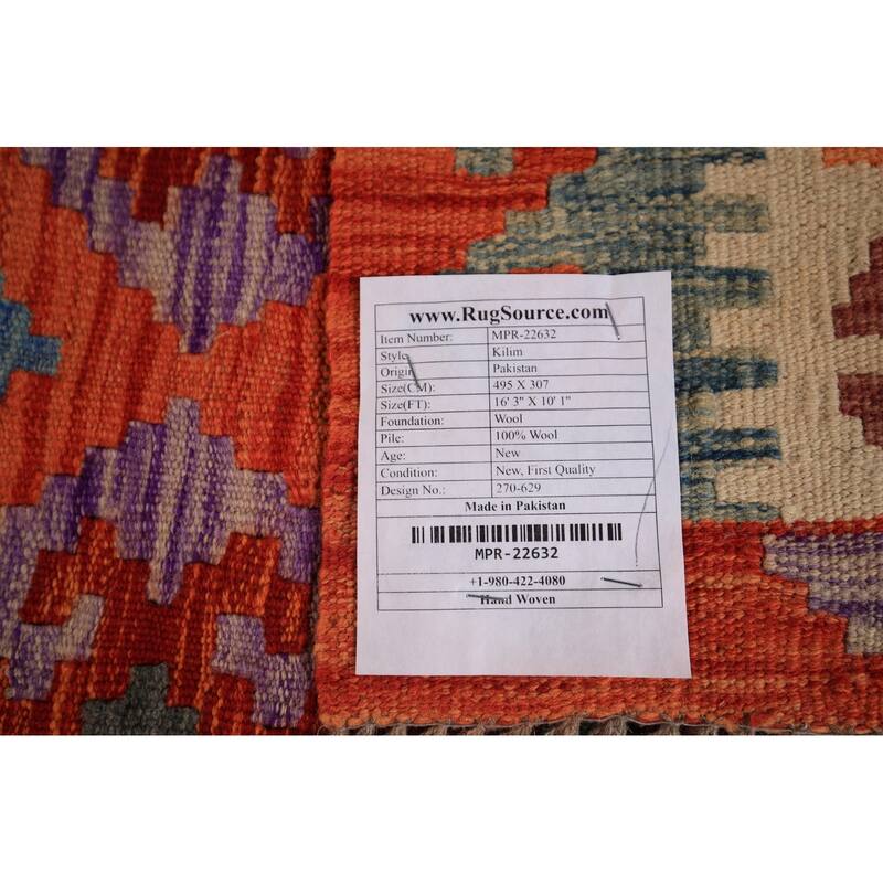 Orange Geometric Kilim Oriental Large Rug Flatweave Wool Carpet - 10'1" x 16'3"