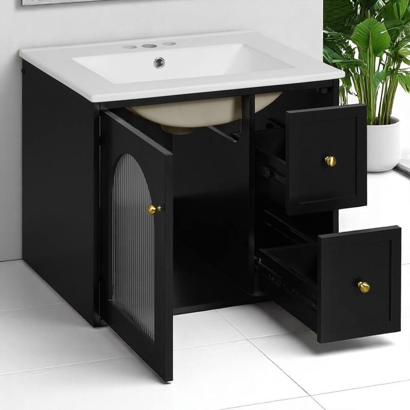 24" Wall-Mounted Bathroom Vanity with Ceramic Sink, 2 Drawers & Glass Door Cabinet, Modern Floating Design for Small Spaces