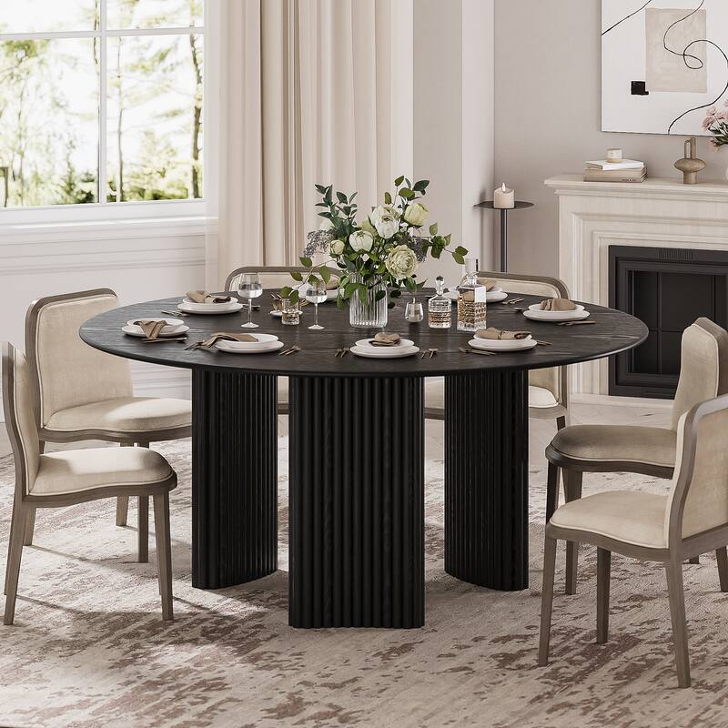 Modern Round Dining Table with Striped Column Legs Solid Wood Kitchen Table Anti-Scratch Footpads