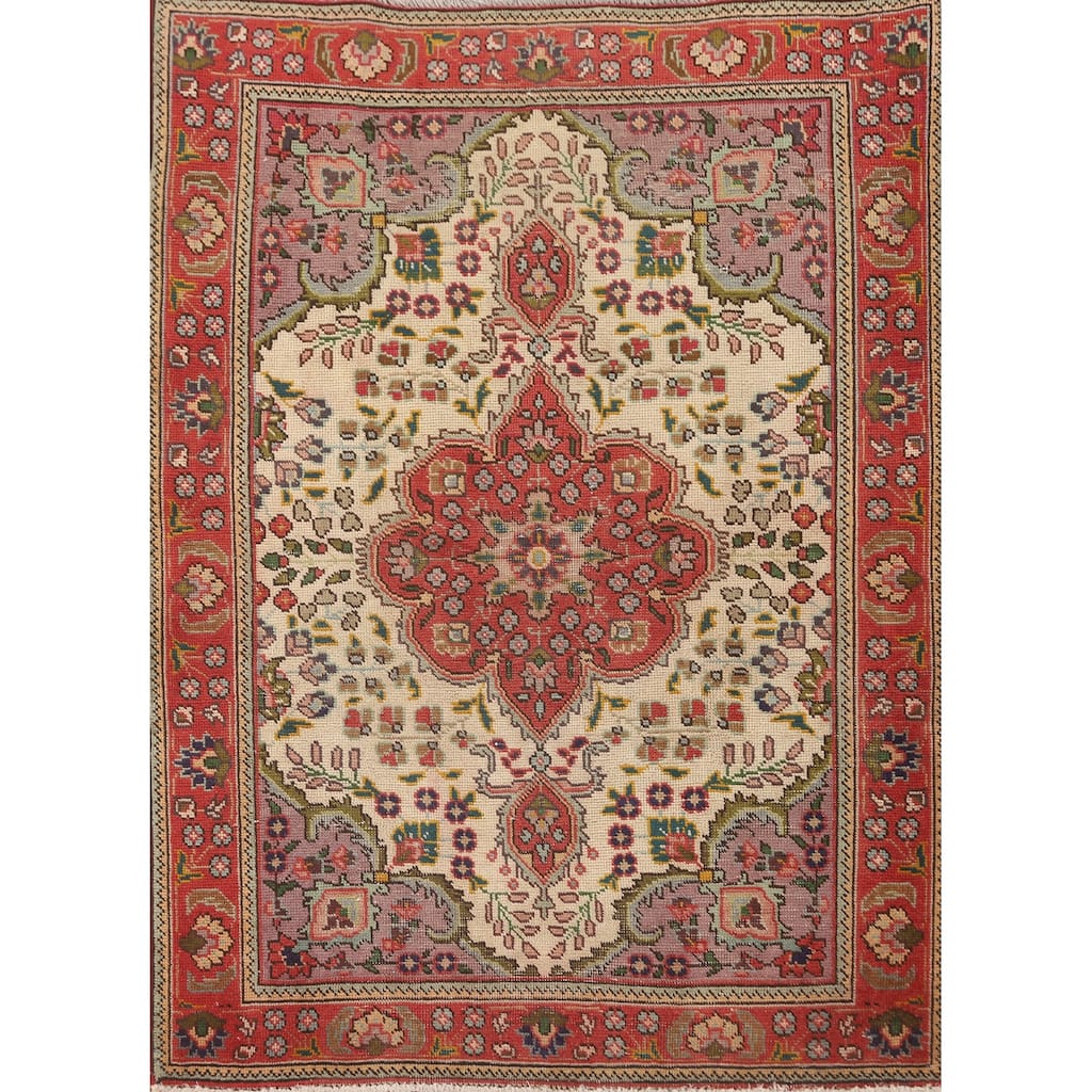 Hand Knotted Oriental 100% Wool Carpet Traditional Floral Beige & Ivories Tabriz Area Rug - 4' 7'' X 3' 4''