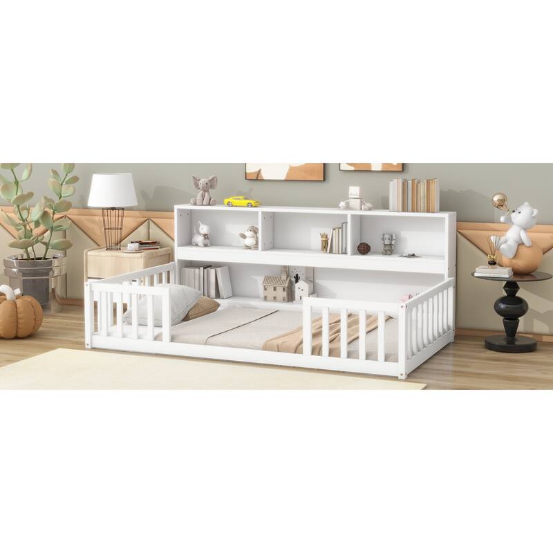 Roomfitters Twin/Full Floor Bed with Side Bookcase & Shelves, Guardrail Platform Bed, Space-Saving Low Profile Bed