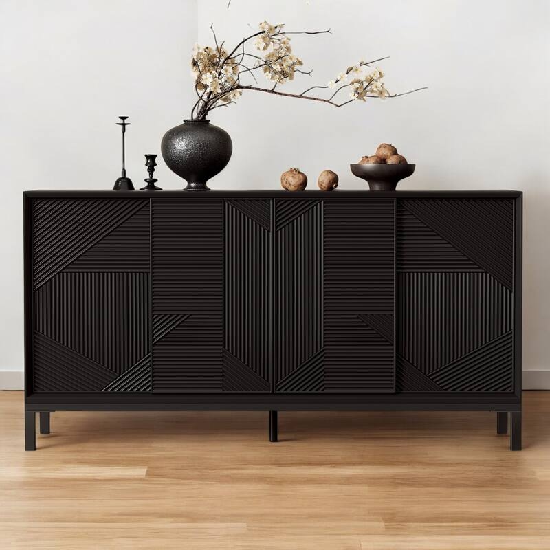Modern Geometric Accent Cabinet with Sliding Doors and Two Drawers, High-Quality Wood Veneer Top, Sturdy MDF Construction - Black