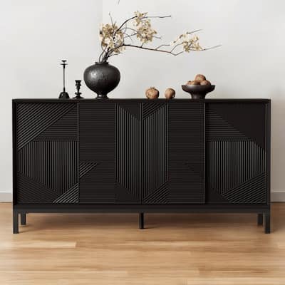 Modern Geometric Accent Cabinet with Sliding Doors and Two Drawers, High-Quality Wood Veneer Top, Sturdy MDF Construction