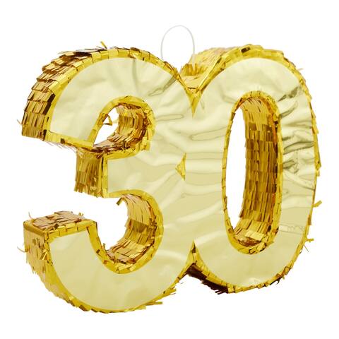Gold Foil Number 30 Pinata for 30th Birthday Party Decorations, Centerpieces, Anniversary Celebrations (Small, 16.5 x 13 in)