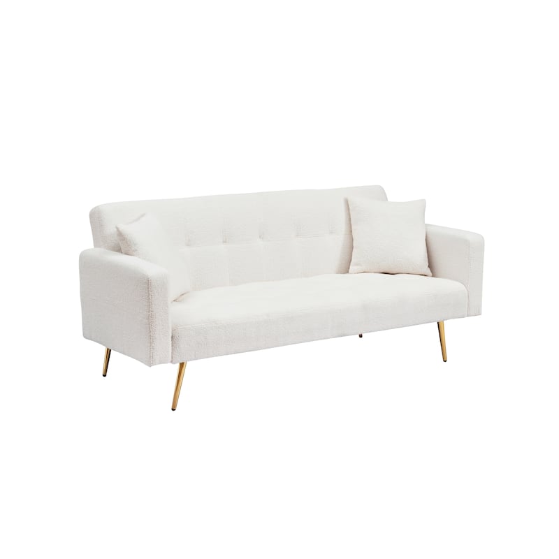 71.7 - Teddy Fleece Sofa Bed, accompanied by two charming throw pillows