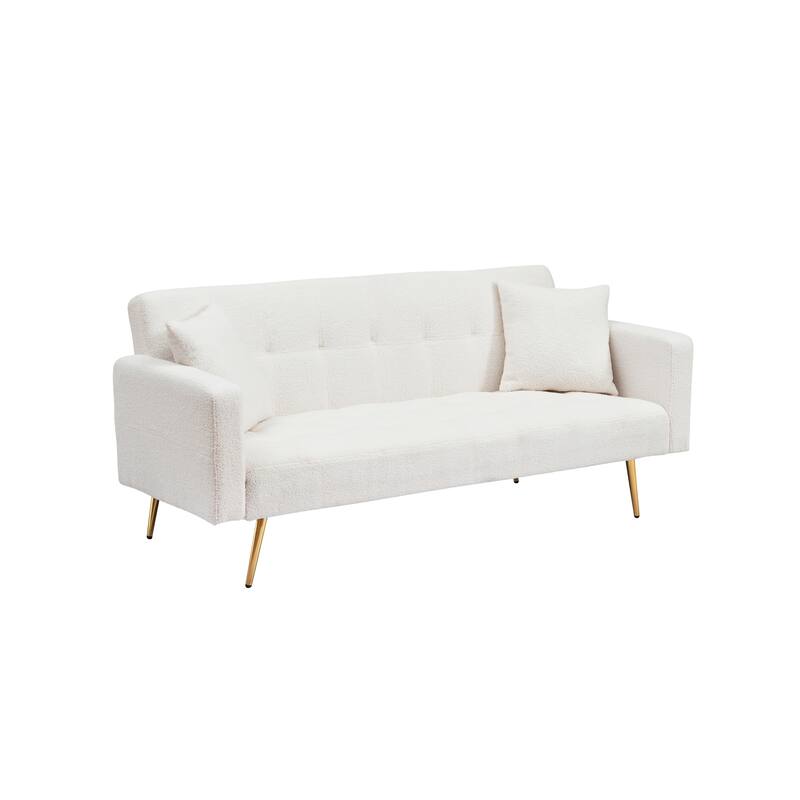 71.7 - inch Beige Teddy Fleece Sofa Bed with Two Throw Pillows