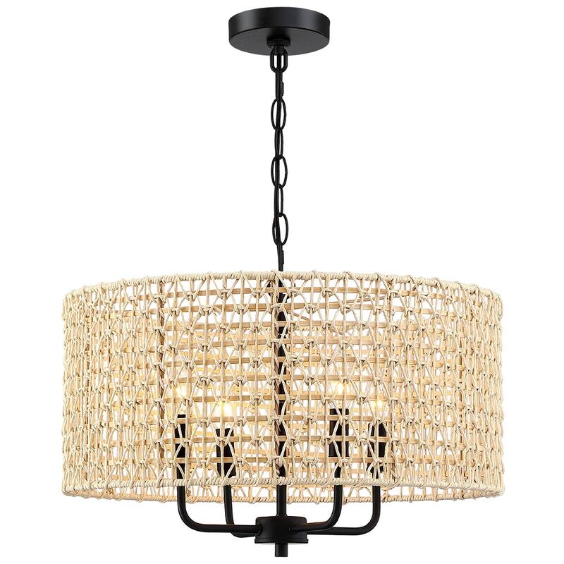 20 in. 4-Light Rattan Tiered Drum Chandelier Light with Black Canopy - 1-Tier
