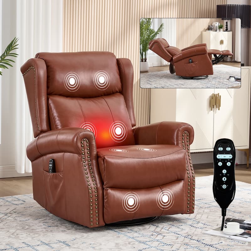 360° Swivel Rocking Recliner with Heat & Massage, Genuine Leather