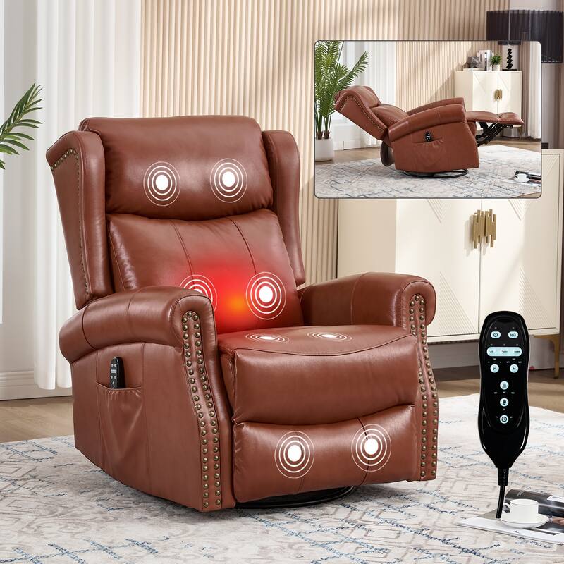 Genuine Leather Swivel Recliner Chair, Sofa Chair with Side Pockets, Manual Recliner Chair with Heat & Massage