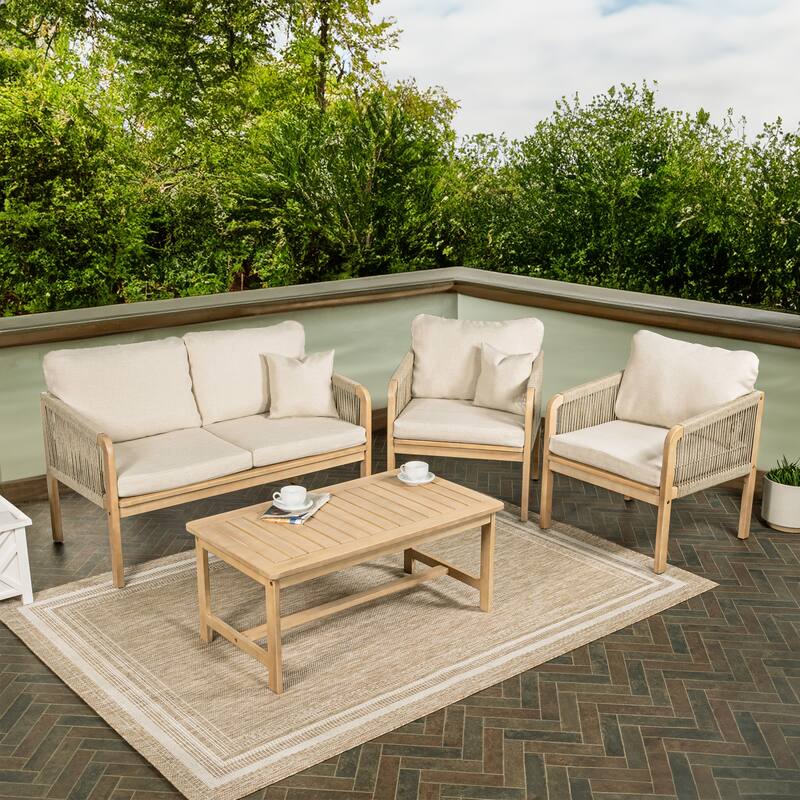 Aveiro 4-Piece Modern Bohemian Acacia Wood Outdoor Patio Set with Cushions and Plain Decorative Pillows, by JONATHAN Y