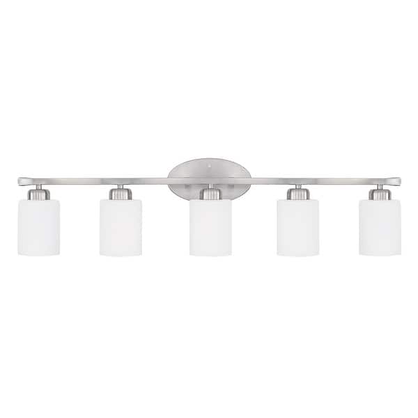 slide 2 of 7, Dixon 37-inch 5-light Modern Bath/ Vanity Fixture w/ Soft White Glass