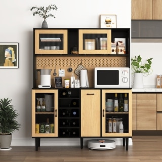 59" H Buffet Sideboard Cabinet with Storage Door & Power Outlet, Farmhouse Coffee Bar Cabinet with Wine Rack