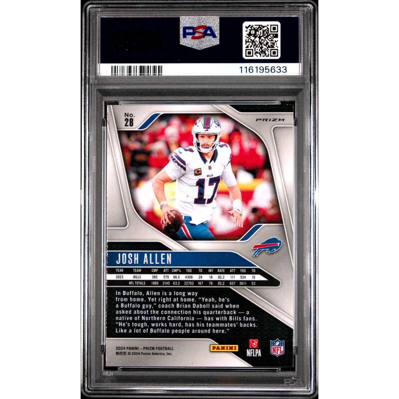 Josh Allen 2024 Panini Prizm Red White Blue Football Card #28 Graded PSA 10 Cert # 116195633 - 8' x 11'