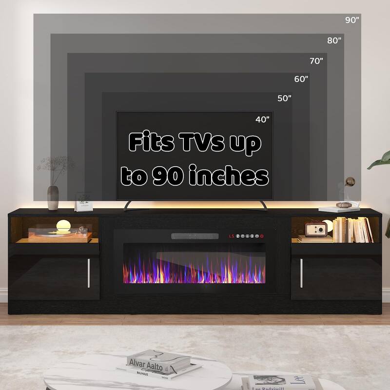 BOSSIN 80" Modern Electric Fireplace TV Stand with 20-Color LED Lights, Fits Up to 90" TV, Adjustable Shelves & Storage Cabinets