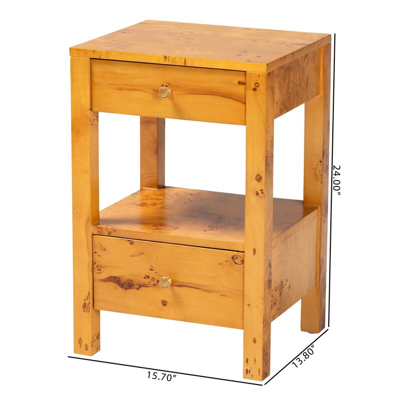Azmi Modern and Contemporary Natural Light Mappa Real Burl Wood 2-Drawer Nightstand