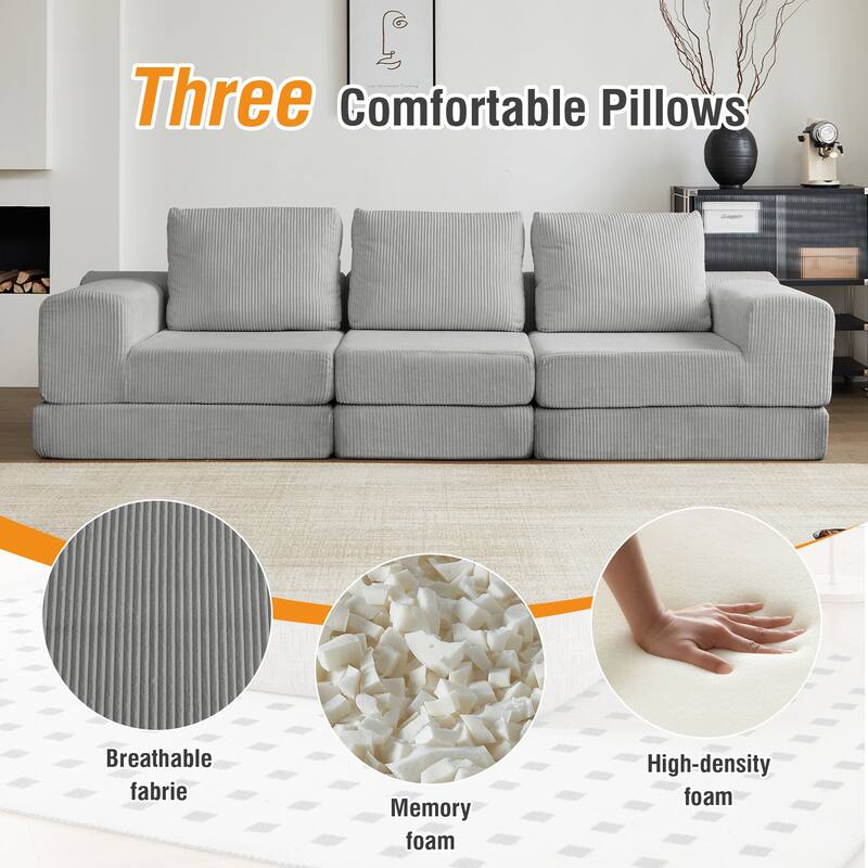 108" Corduroy Upholstered Modular Oversized 3-Seater Convertible Comfy Compressed Sofa