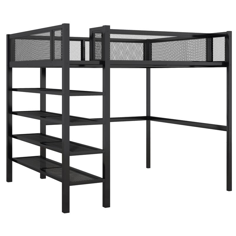 HomeRoots Black Platform Metal Full Double Loft Bed With Shelves