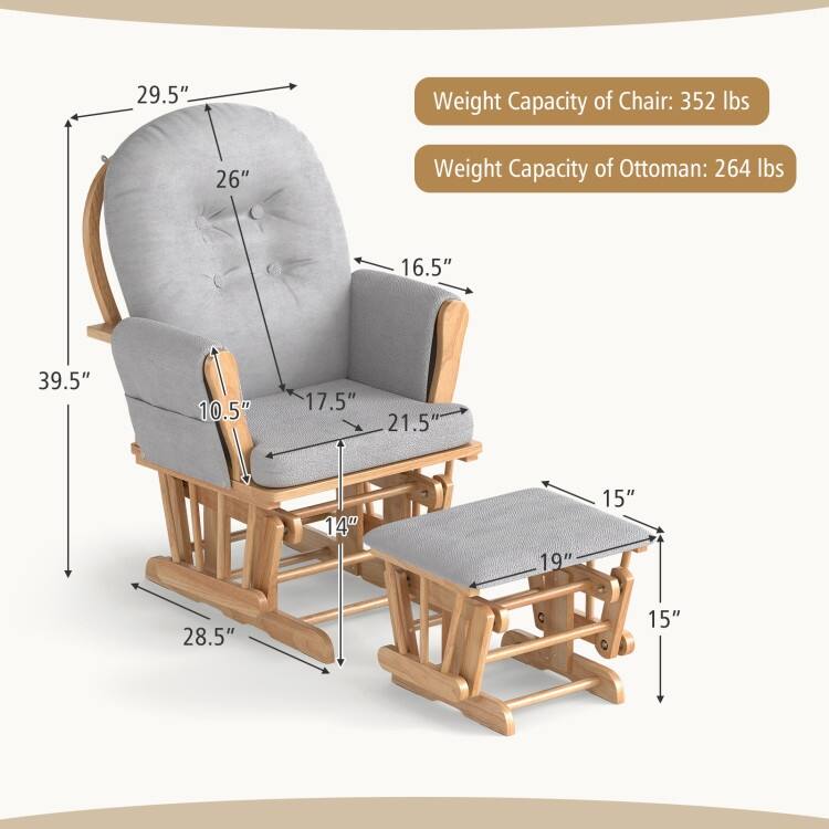 Solid Wood Gliding Chair Set with Pockets and Ottoman for Relaxing