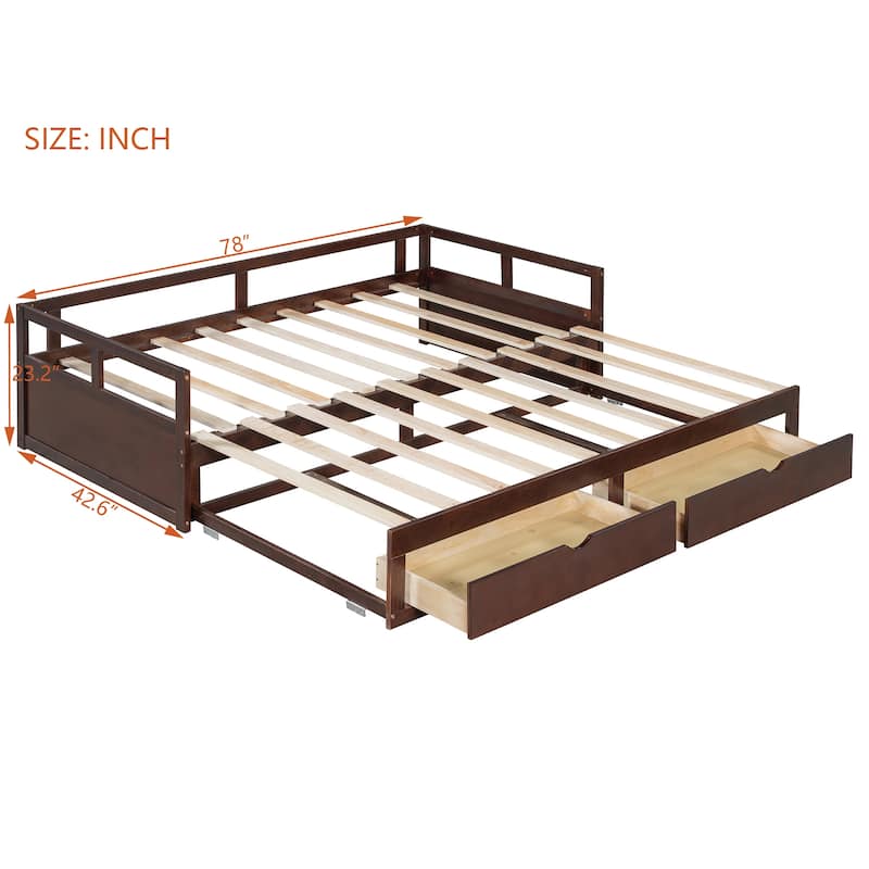 Pine Wood Daybed with Pull-Out Trundle and Two Storage Drawers, Twin to King