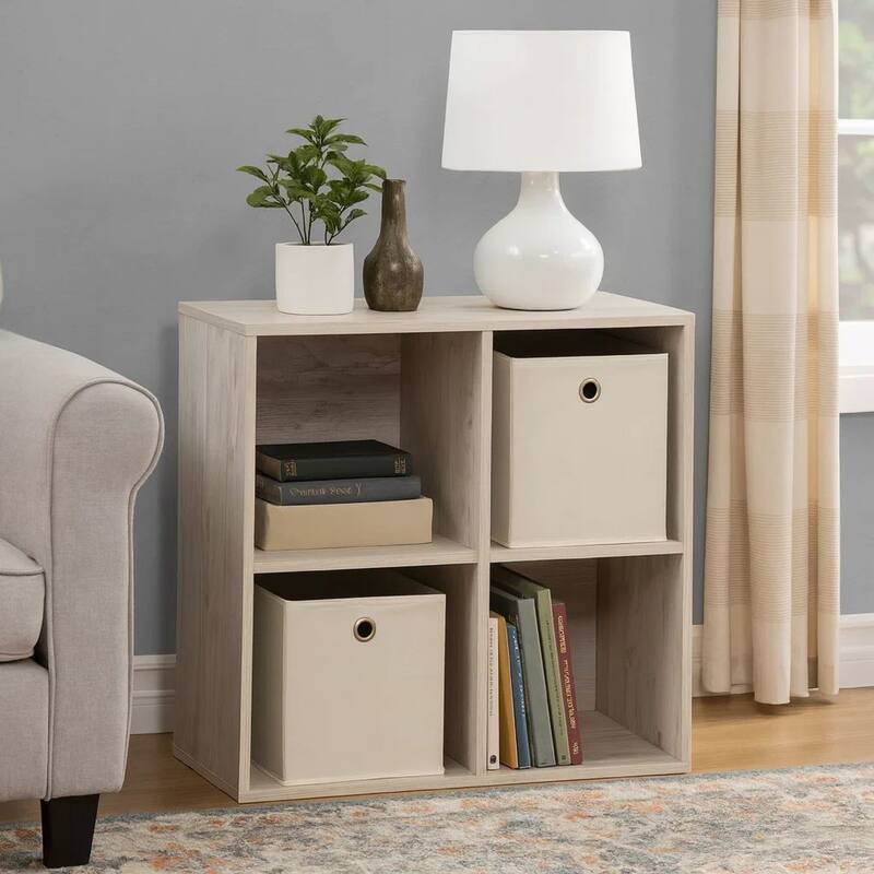 4 Cube Wooden Organizer with Grain Details, Washed White