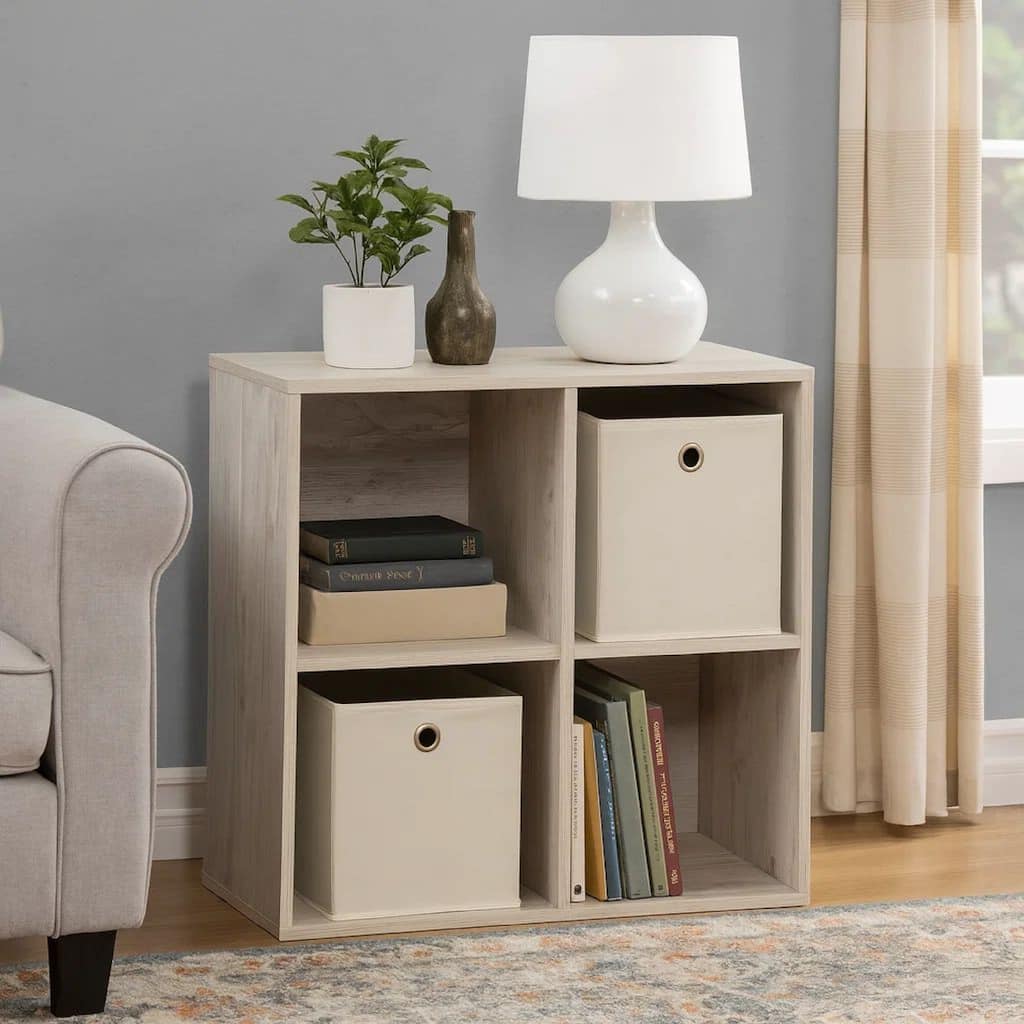 4 Cube Wooden Organizer with Grain Details, Washed White