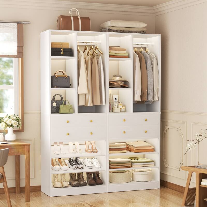 27.7'' Closet Organizer with Shoe Racks and Drawers, Closet System with Hanging Rod and Adjustable Shelves