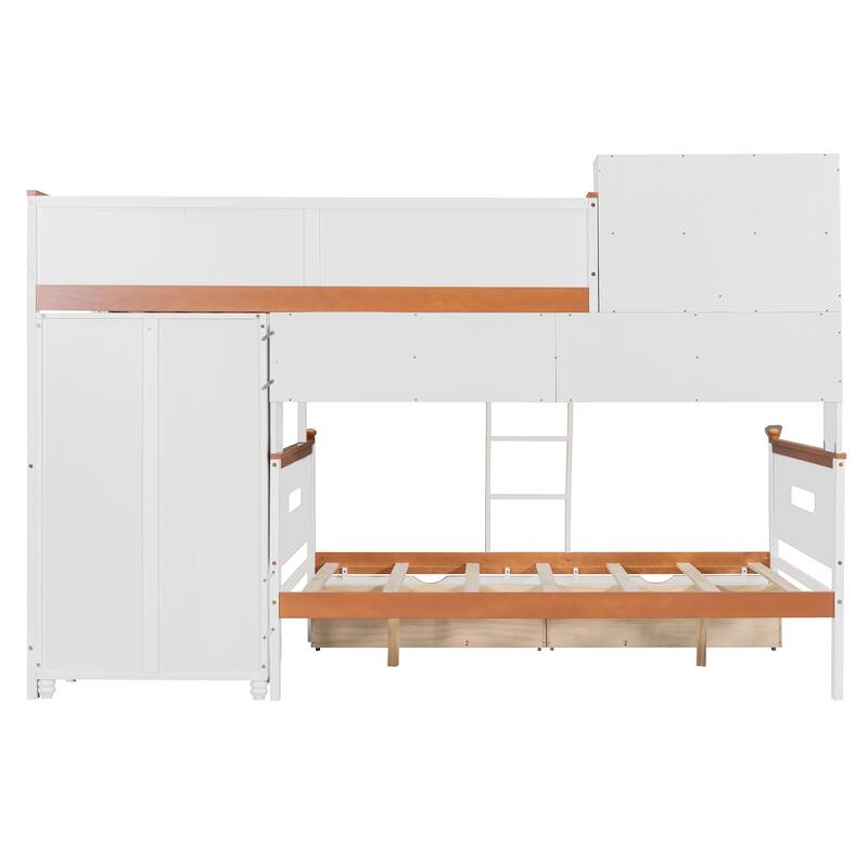Twin Over Full Wooden Bunk Bed with Wardrobe, Drawers, Shelves and LED Light in White and Orange