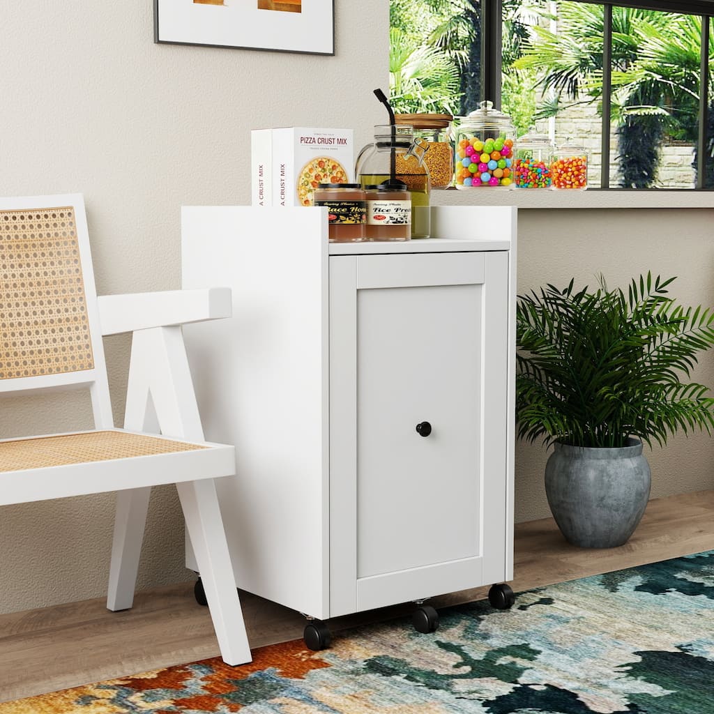 Roomfitters Sliding Pull Out Snack Cabinet Modern White Wooden Kitchen Storage Cart Mobile Pantry Gap Organizer, White