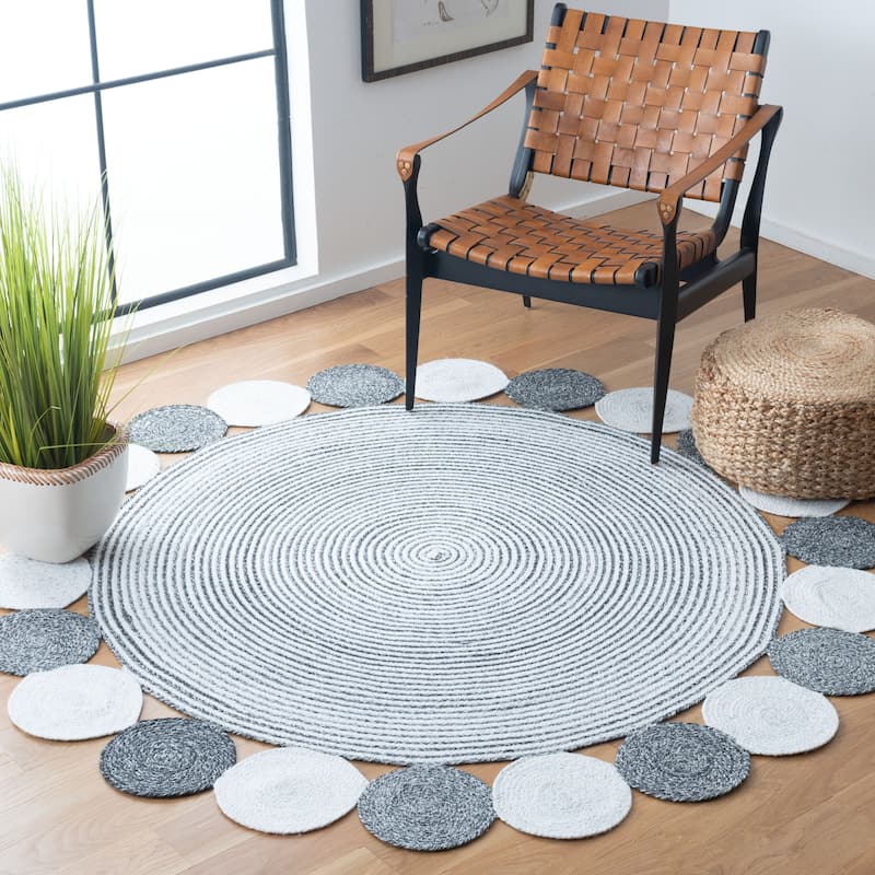 SAFAVIEH Handmade Cape Cod Alyn Farmhouse Polyester Rug - 3' Round - Charcoal/Ivory