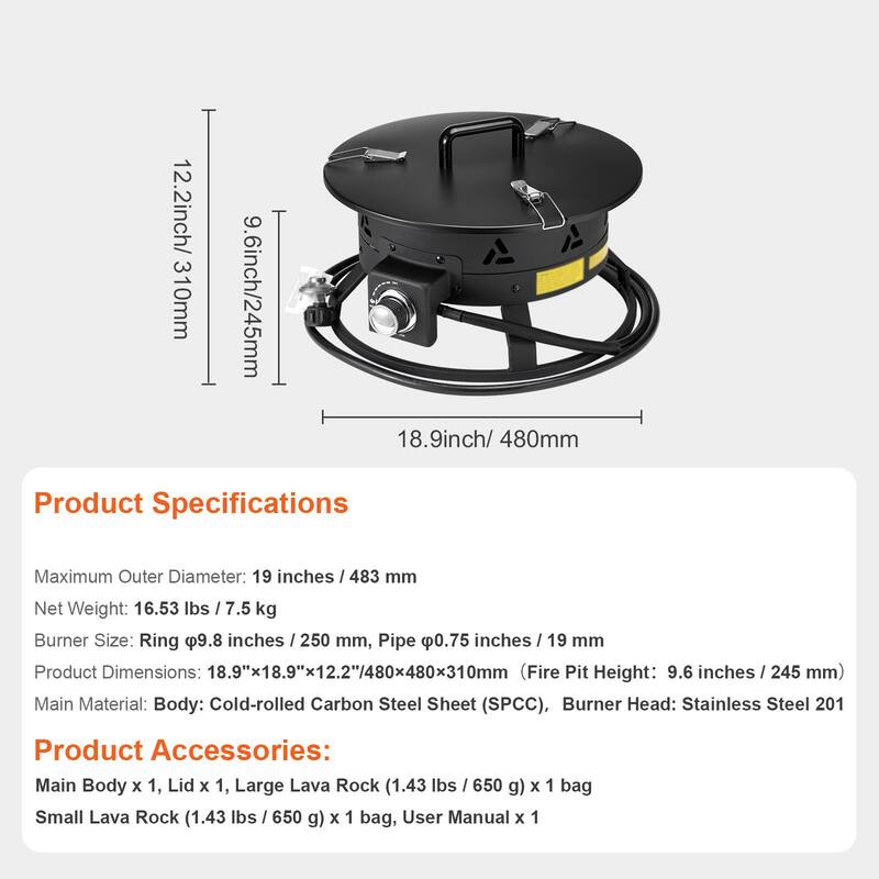 Black Steel Smokeless Propane Gas Fire Pit, Portable with Flame Control