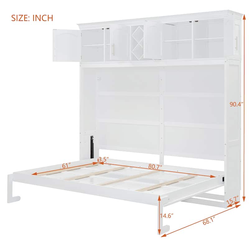 Queen Size Wall Murphy Bed with Storage, Wood Foldable Platform Bed Frame with Top Cabinets and Wine Rack