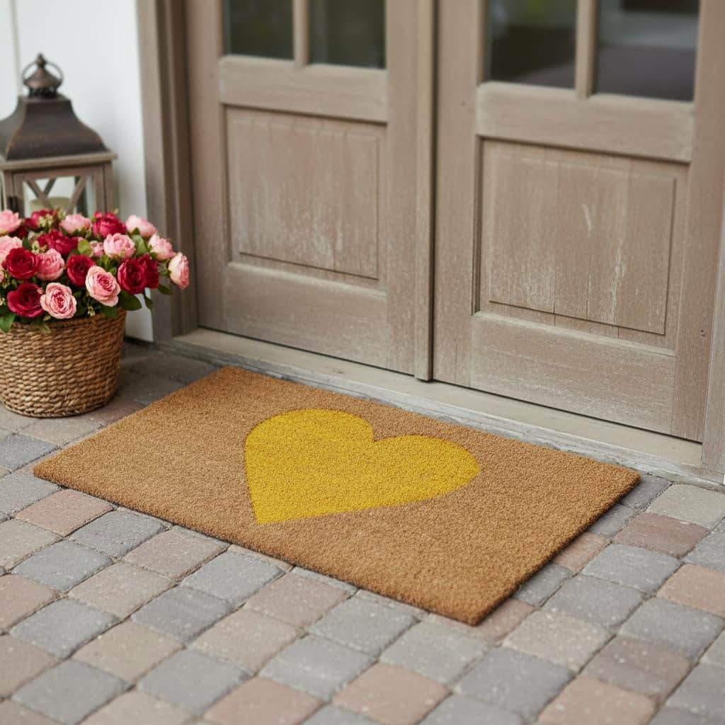 HomeRoots 24" X 48" Brown And Yellow Heart Outdoor Coir Door Mat - 24.00' X '48.00
