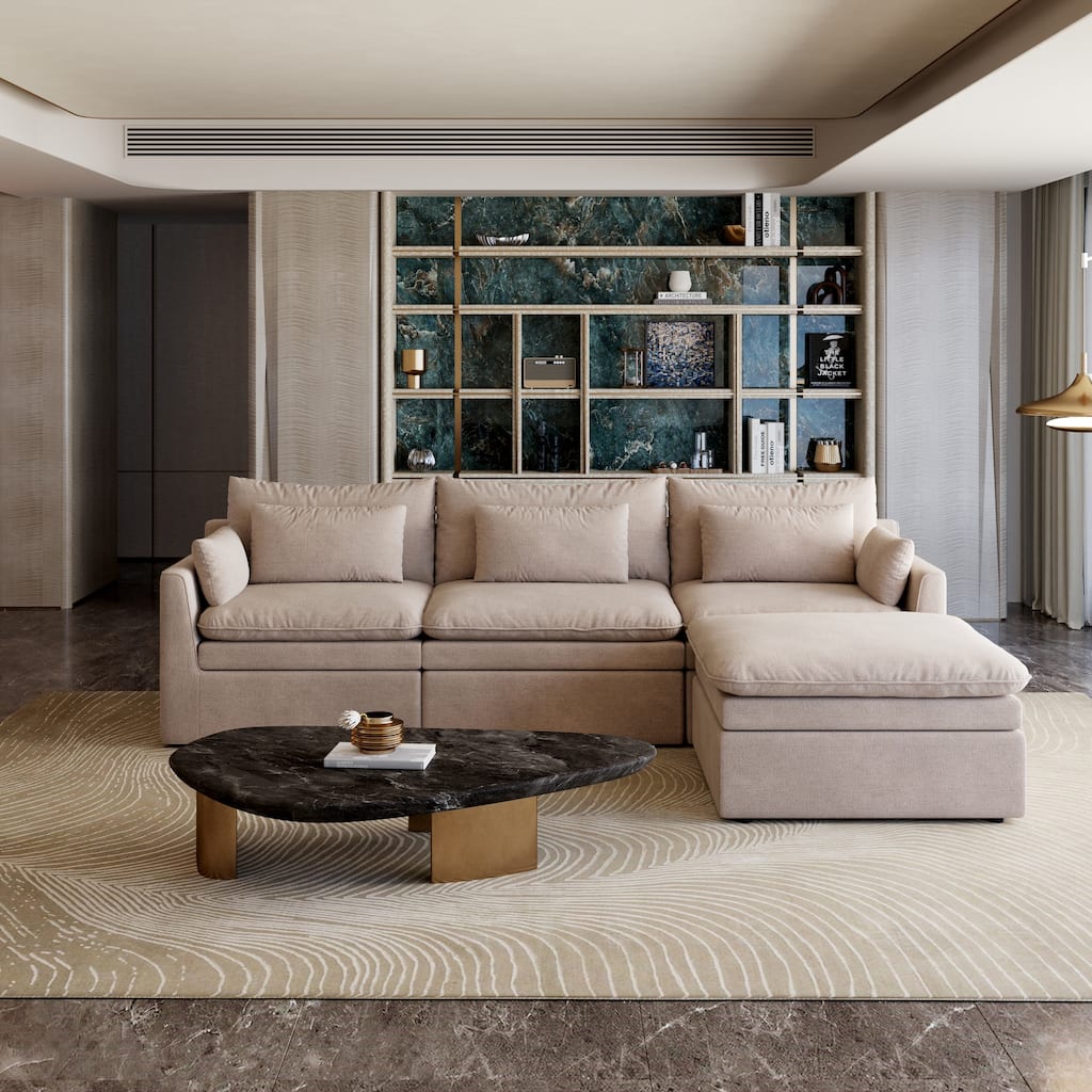 L-shaped Sectional Sofa, 3-Seater Modular Couch, Comfy Living Room Cushion Cloud Couch with Ottoman