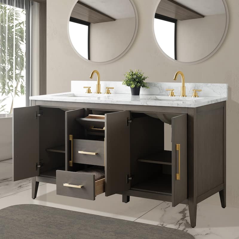 Vanity Art 60" Double Sink Bathroom Vanity Cabinet with Engineered Marble Top