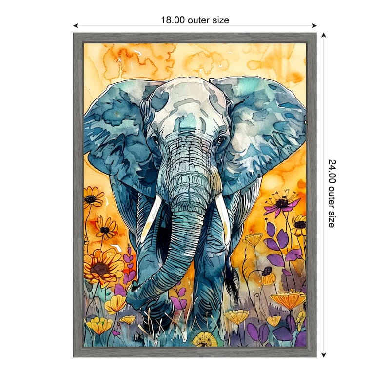 Elephant in Flowers by Justyna Jaszke Framed Canvas Wall Art - 18 x 24 in