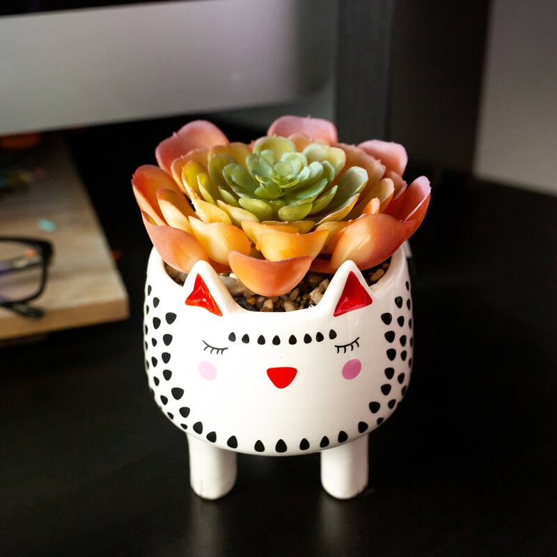 Faux Succulent in 4.75" Small White Cat Ceramic Planter - ONE-SIZE