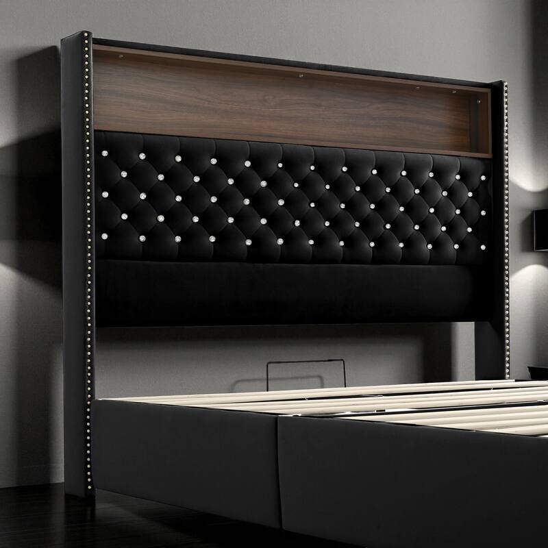 Full/Queen Velvet Tufted Bed Frame with 52" Wingback Headboard, USB Port, Night Light, Rivet Trim & Headboard Shelf