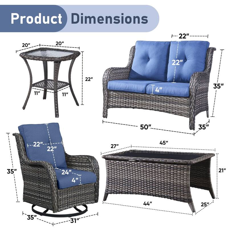 Pocassy 4 Pieces Outdoor 4 Inch Sofa Swivel Chairs Table